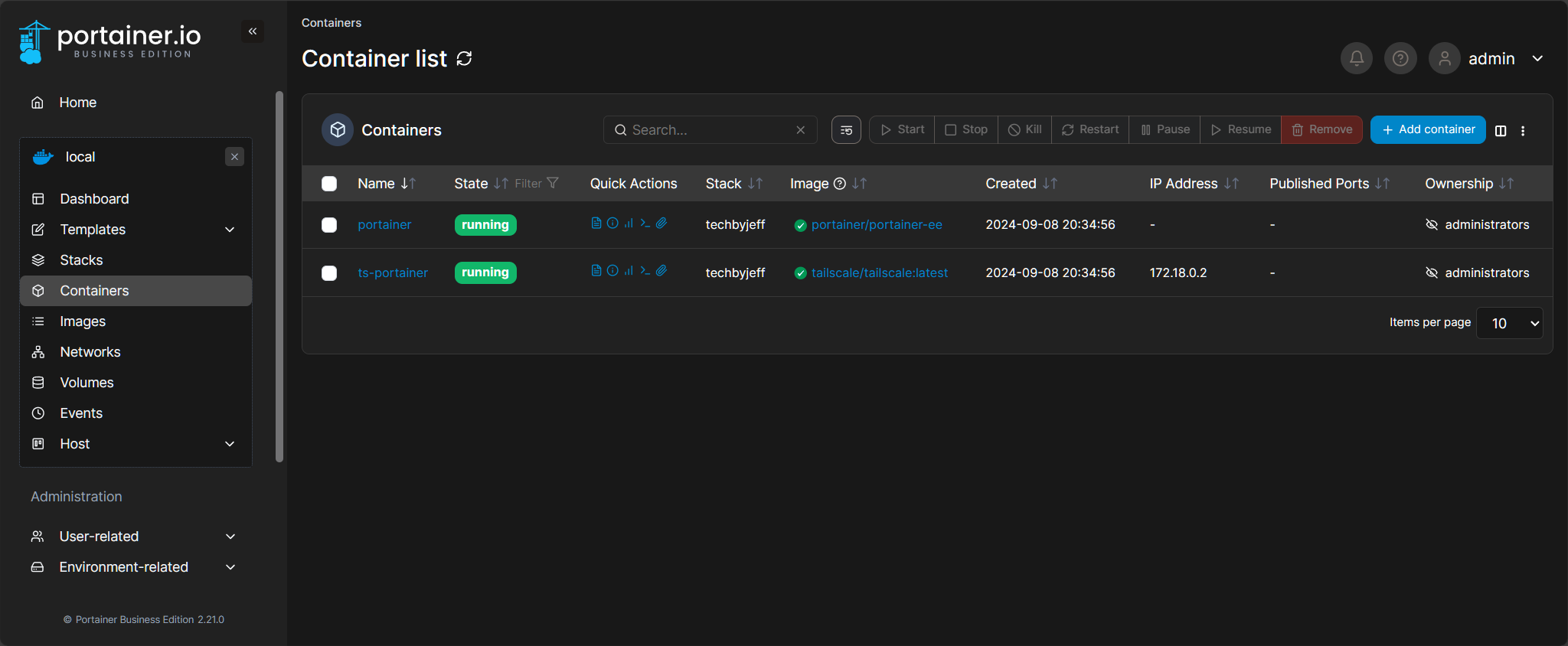 Screenshot of the Portainer web interface listing running Docker containers