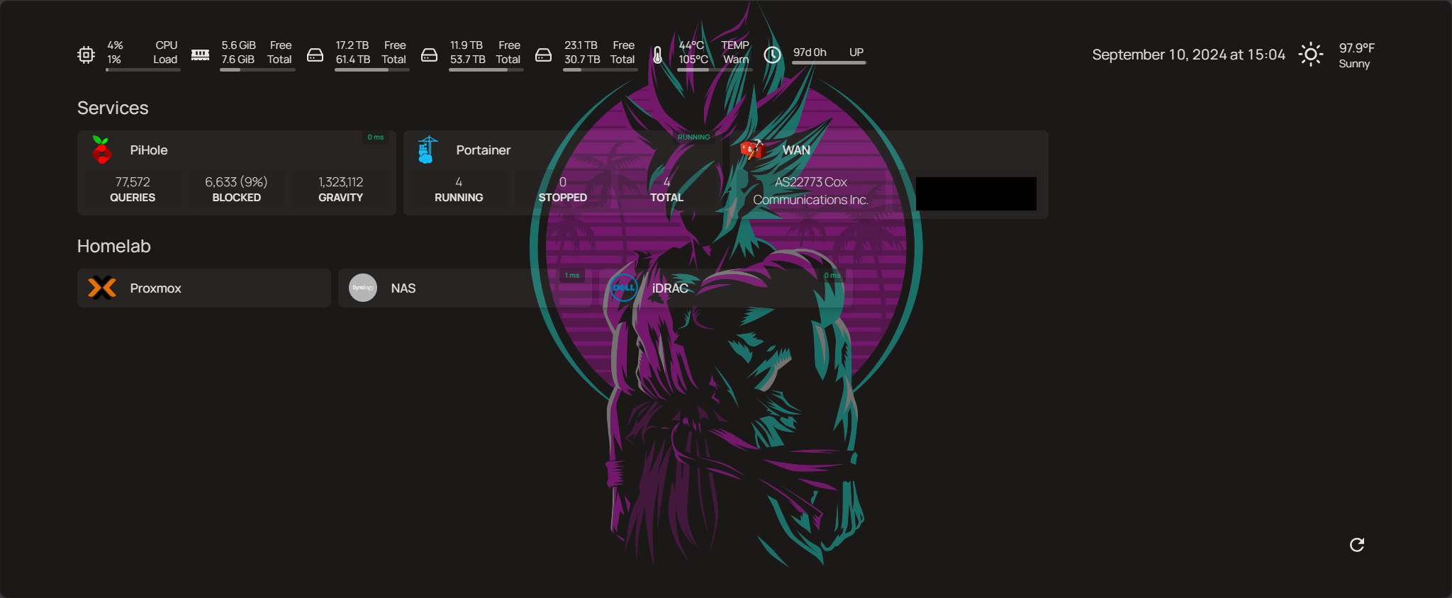 Screenshot of the Homepage dashboard showing homelab service tiles and status widgets