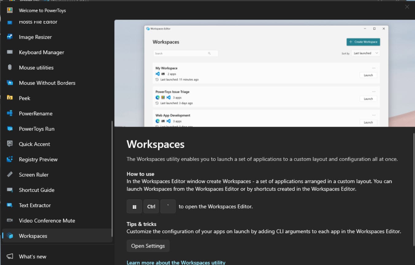 Screenshot of the PowerToys Workspaces editor capturing an application layout
