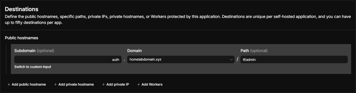 The Destinations panel of the Access application, showing Subdomain auth, Domain homelabdomain.xyz and Path if/admin as three separate fields