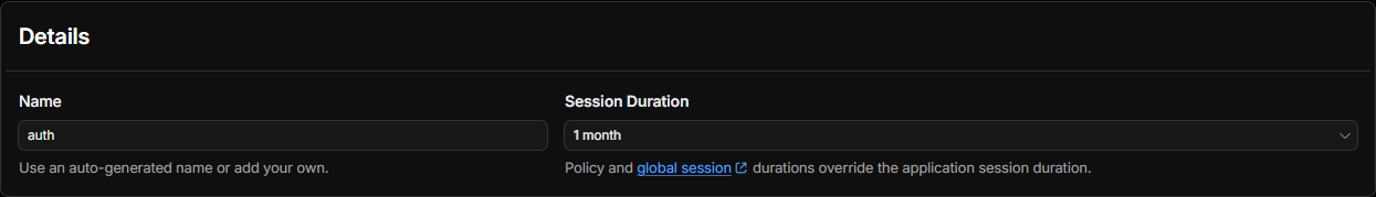 The Details tab of the Access application showing Session Duration set to 1 month