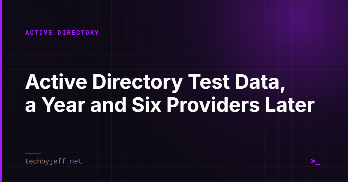 Title card: Active Directory Test Data, a Year and Six Providers Later
