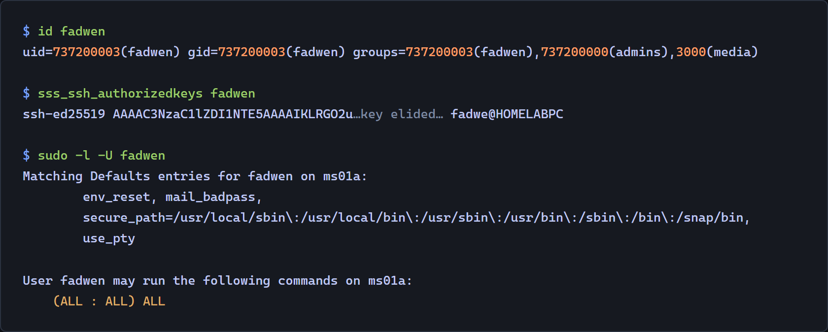 Terminal showing id, sss_ssh_authorizedkeys and sudo -l output on an enrolled Ubuntu client