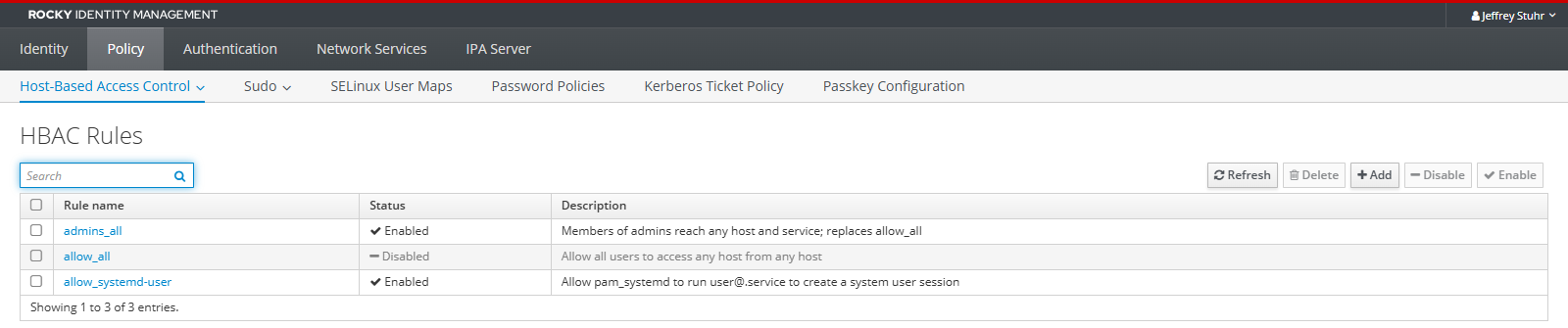 FreeIPA web UI HBAC Rules list after the change, with admins_all enabled, allow_all disabled and the stock allow_systemd-user rule left alone