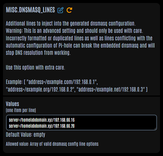 Pi-hole settings page showing the conditional forwarding line that sends the internal domain to the IPA server