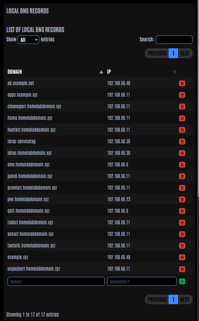 Pi-hole local DNS records page listing the internal A records that had to be migrated into the IPA zone