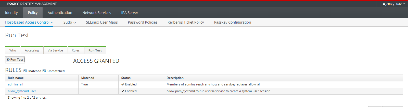 FreeIPA web UI HBAC Test page showing an ACCESS GRANTED result and the rule that matched