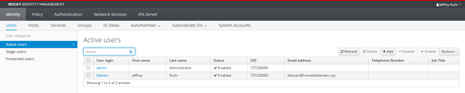 FreeIPA web UI Identity tab showing the user list on a freshly installed server