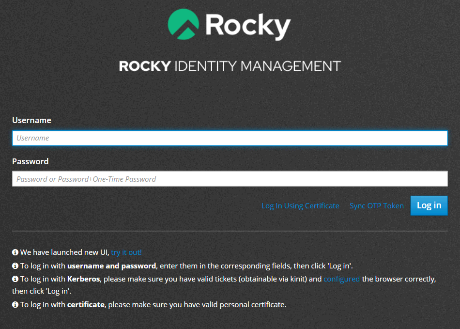 FreeIPA web UI login page, with the link through to the 4.13 beta interface below the sign-in form