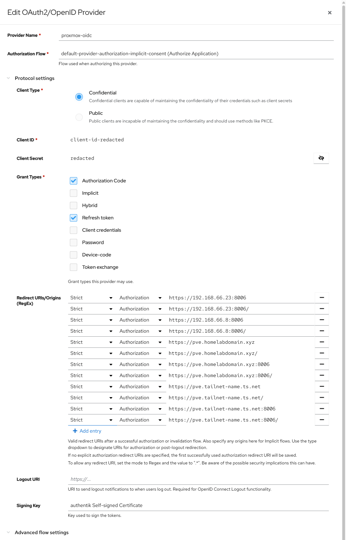 The authentik provider form showing client type confidential, the signing key, and the authorization flow