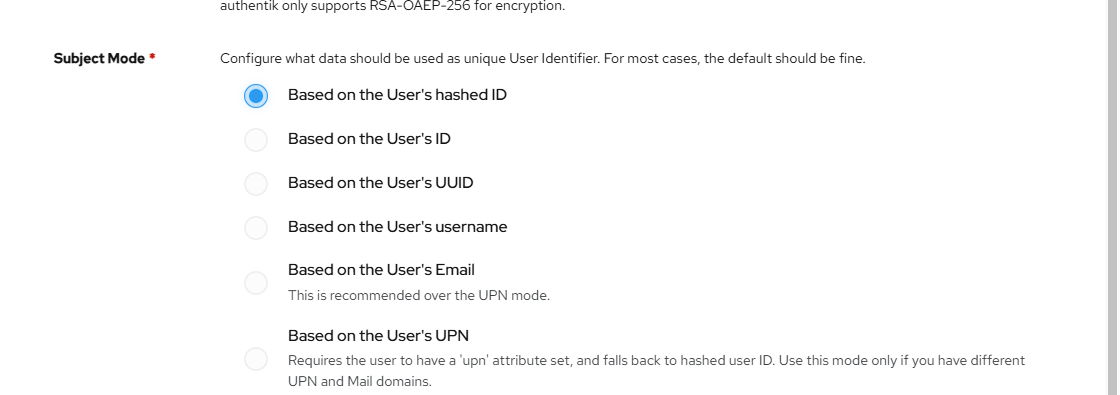 The subject mode setting on the authentik provider, showing the options that decide what goes into the sub claim