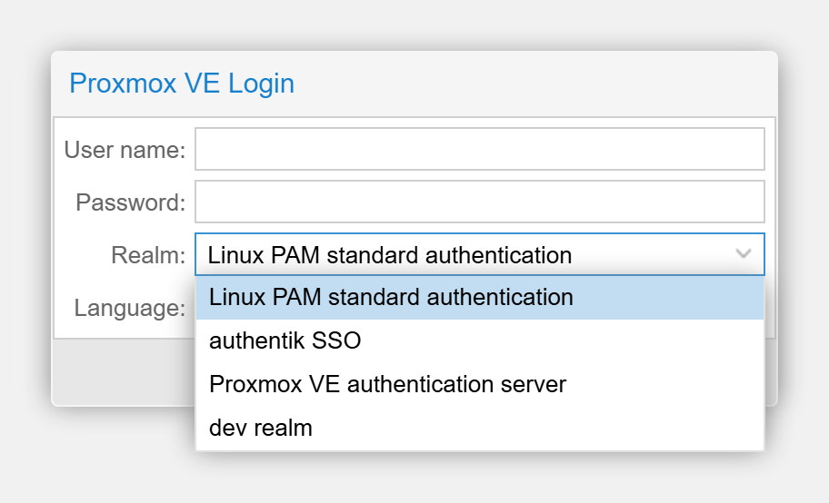 The Proxmox login page with the realm dropdown open, showing Linux PAM selected by default and the authentik realm below it