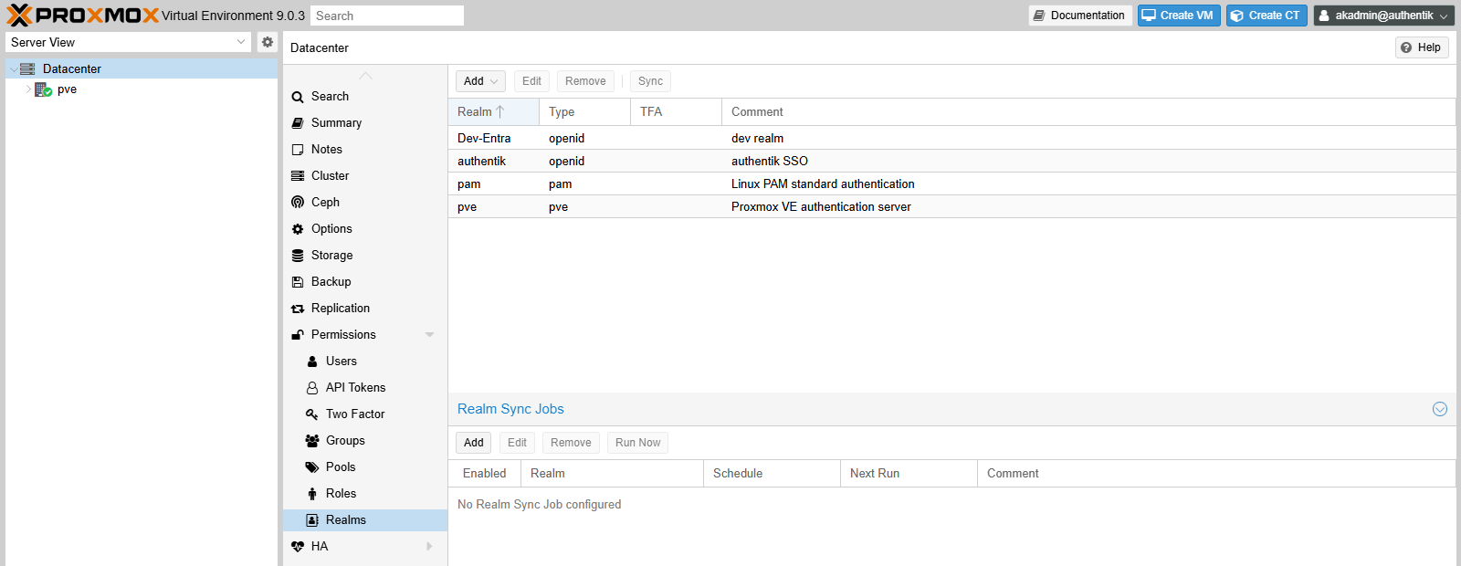 The Proxmox Realms panel listing the authentik OpenID Connect realm alongside the Linux PAM realm