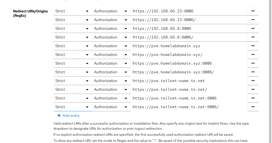 The redirect URI list on the authentik provider, showing every hostname and port combination registered with strict matching