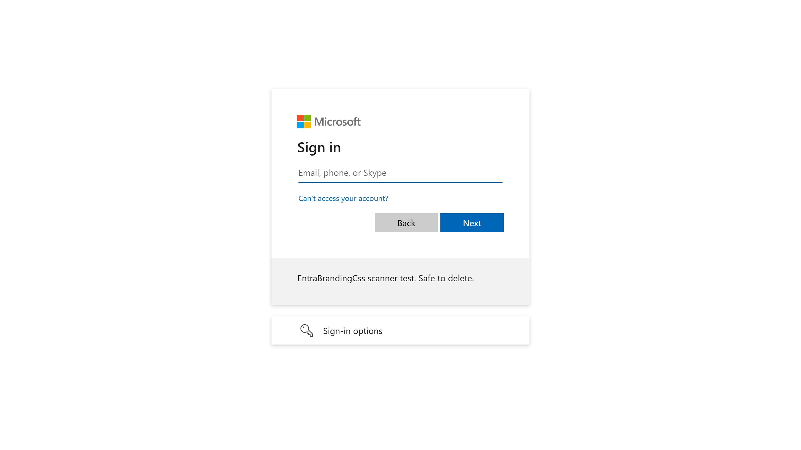 The en-GB sign-in page with its white background and boilerplate text applied, and the &ldquo;Can&rsquo;t access your account?&rdquo; link still visible after CSS hiding it was uploaded