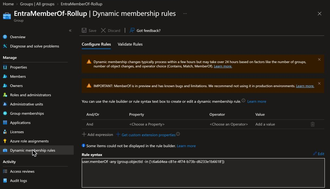 The Dynamic membership rules blade for a test group, with the rule builder row showing Choose a Property and the memberOf rule in the Rule syntax box below a preview warning banner