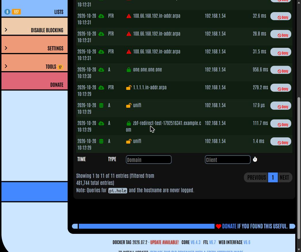 Pi-hole query log filtered to client 192.168.1.54, showing the test query to example.com, two cached answers for unifi, and PTR lookups, all from the IoT test client