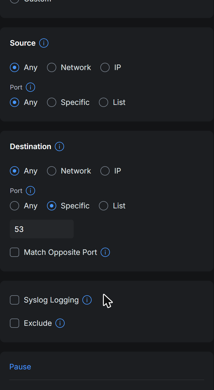 The same NAT rule’s lower half: source any, destination any address with port 53