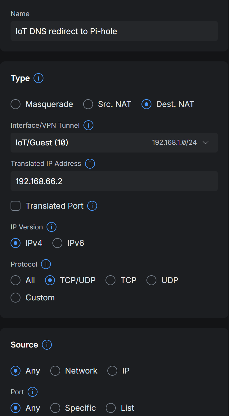 UniFi NAT rule editor showing a Dest. NAT rule named IoT DNS redirect to Pi-hole, interface IoT/Guest, translated IP 192.168.66.2, protocol TCP/UDP