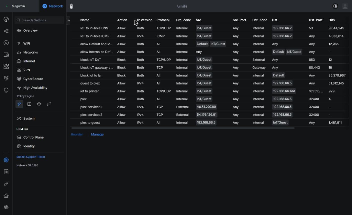UniFi policy table filtered to firewall policies, showing the IoT/Guest rules, the two narrowed Plex service rules and the hits column